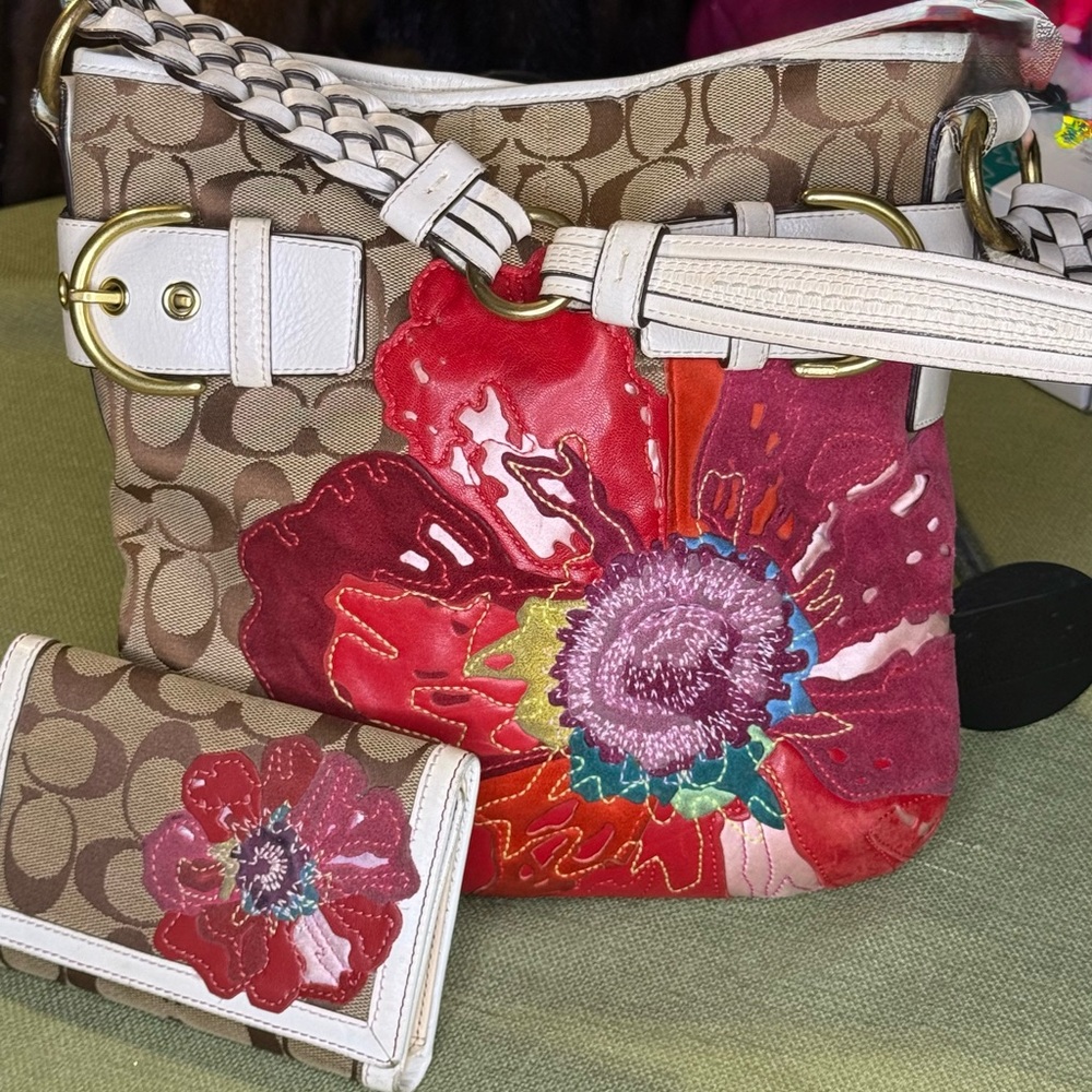 Coach Signature Canvas Shoulder Bag and wallet with a Red Floral Appliqué